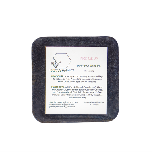 Body scrub bar with a label on a white background