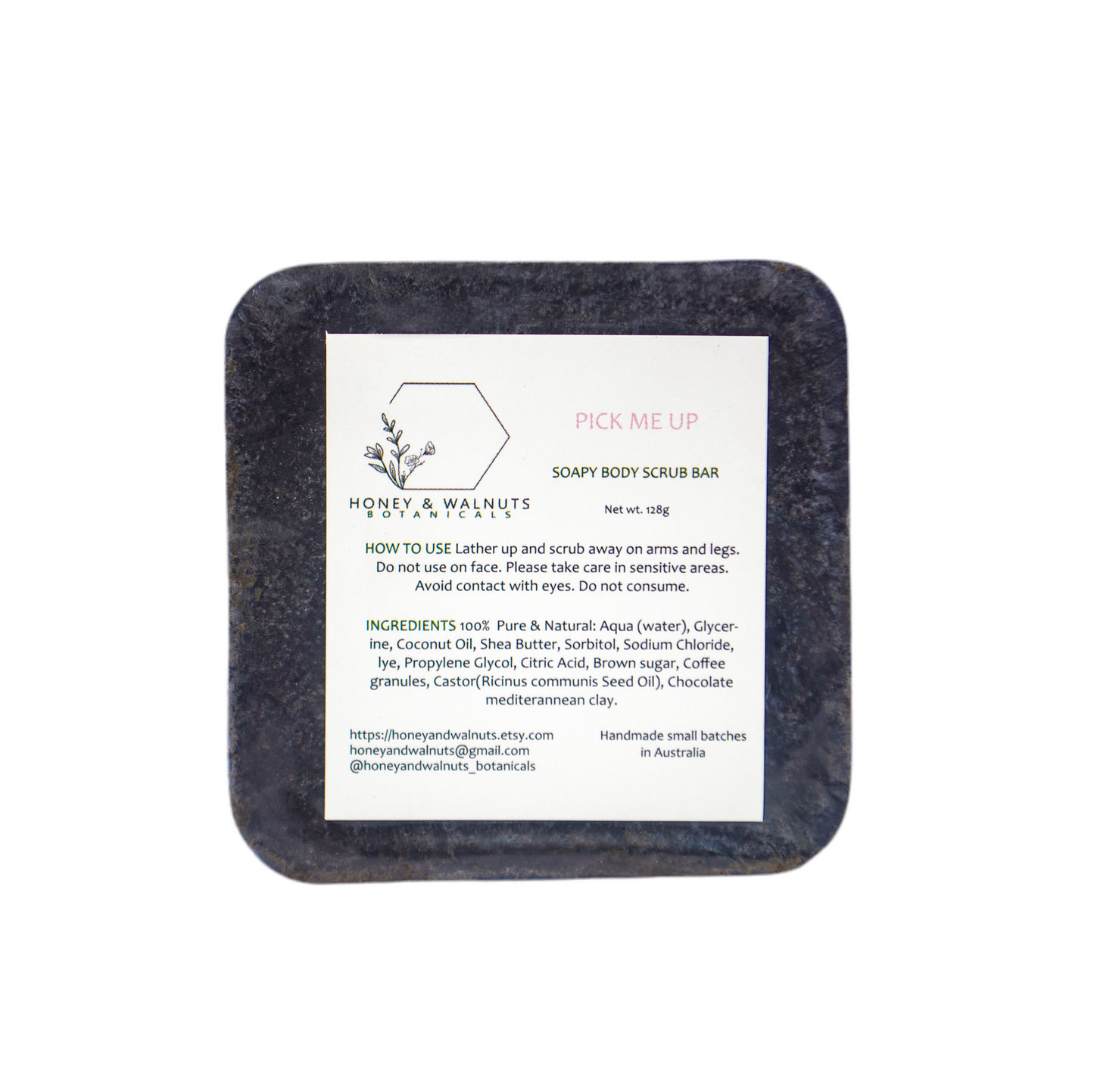 Body scrub bar with a label on a white background