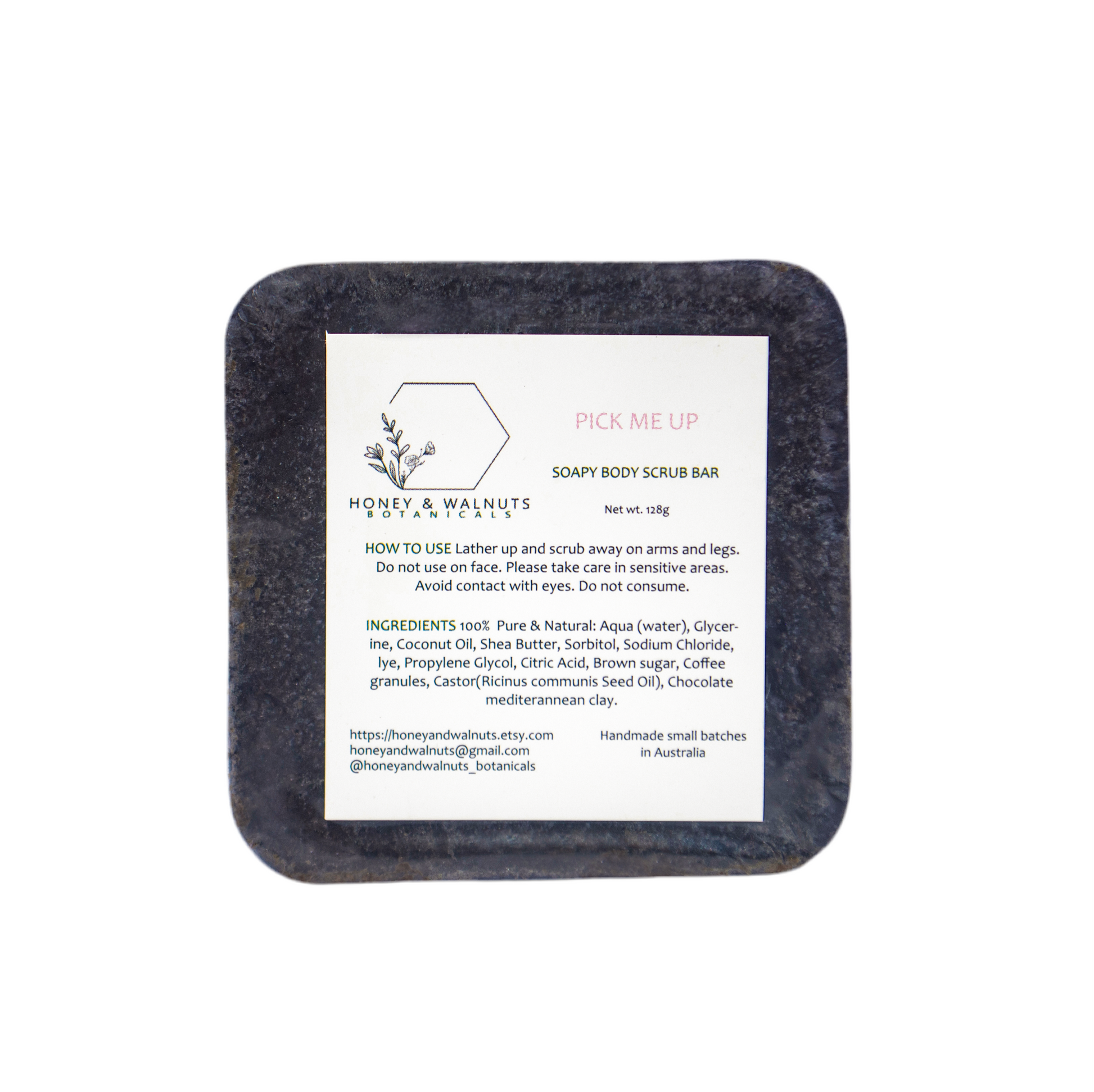 Body scrub bar with a label on a white background