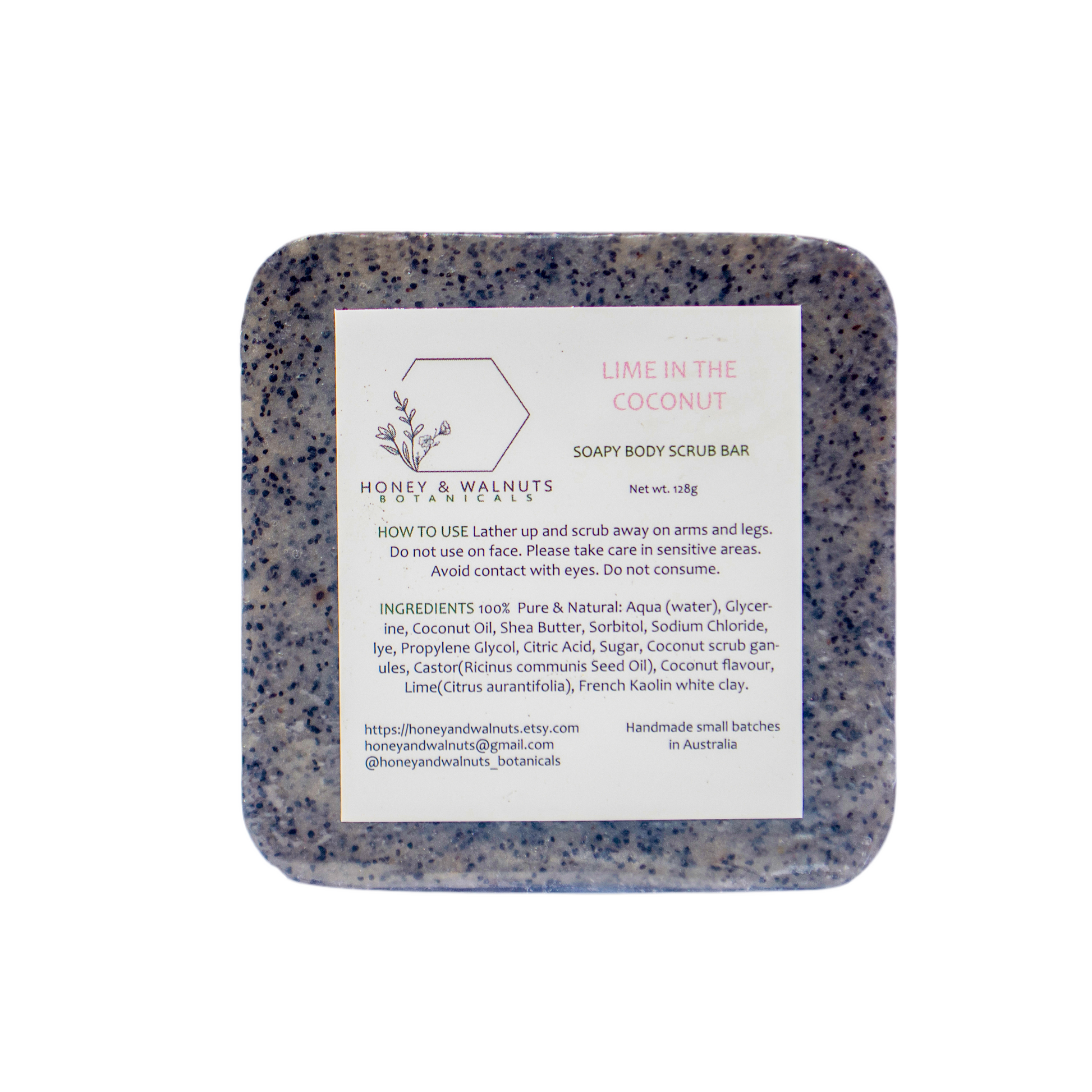 Body scrub bar with a label on a white background