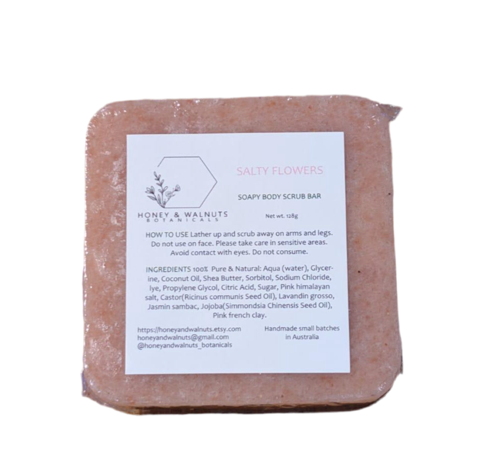 Body scrub bar with a label on a white background